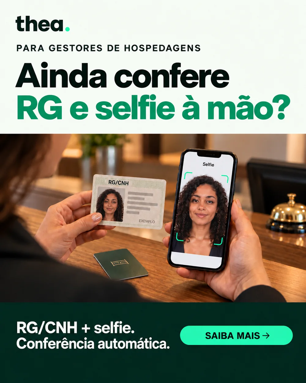 Cena ilustrativa de recepção de hospedagem comparando a foto de um RG/CNH com a selfie de uma hóspede.