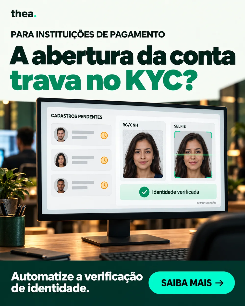 Cena ilustrativa de abertura de conta: cadastros pendentes e comparação entre RG/CNH e selfie.